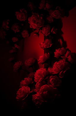 A stunningly atmospheric scene focused on a blood-red wall adorned with lush pink peonies, all illuminated by a soft, eerie glow in darkness, creating a dramatic and enchanting contrast