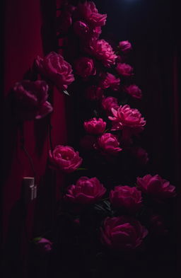 A stunningly atmospheric scene focused on a blood-red wall adorned with lush pink peonies, all illuminated by a soft, eerie glow in darkness, creating a dramatic and enchanting contrast