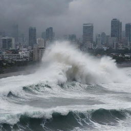 A dramatic scene as a massive tsunami engulfs the already devastated cityscape. The towering wave veils the desolate buildings in its embrace, intensifying the city's haunting transformation from a bustling metropolis to a watery grave.