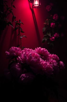 A stunningly atmospheric scene focused on a blood-red wall adorned with lush pink peonies, all illuminated by a soft, eerie glow in darkness, creating a dramatic and enchanting contrast