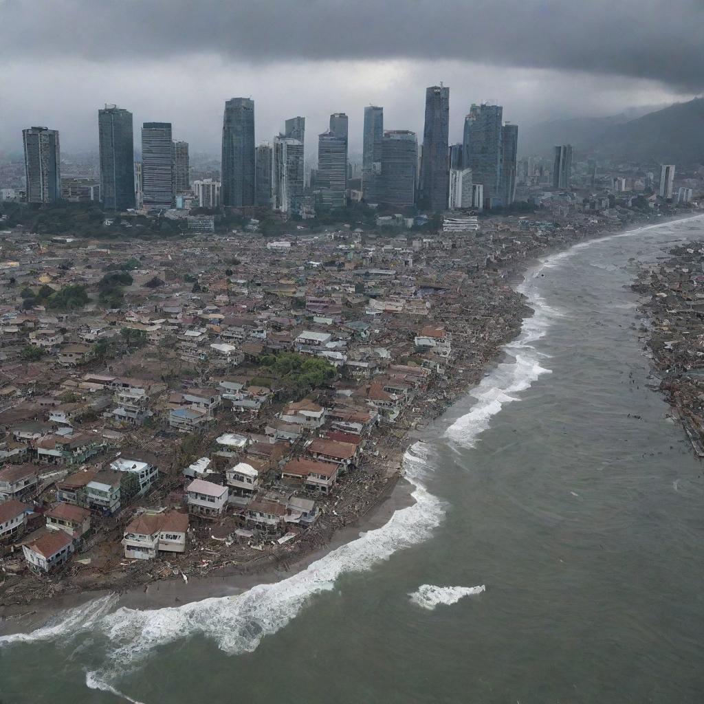 An apocalyptic aftermath of a tsunami-hit city, where the once proud skyscrapers now stand as skeletal remains amidst a sea of swirling water and ruined homes. The city is unrecognizable, a stark depiction of nature's unforgiving power.