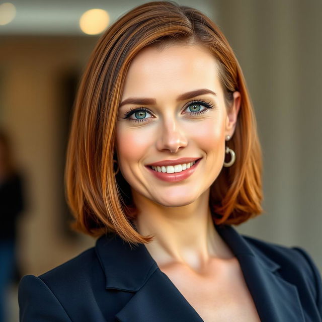 A 35-year-old Slavic woman with shoulder-length chestnut hair, facing forward