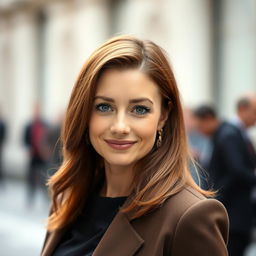 A 35-year-old Slavic woman with shoulder-length chestnut hair, facing forward