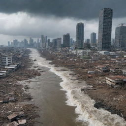 An apocalyptic aftermath of a tsunami-hit city, where the once proud skyscrapers now stand as skeletal remains amidst a sea of swirling water and ruined homes. The city is unrecognizable, a stark depiction of nature's unforgiving power.