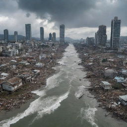 An apocalyptic aftermath of a tsunami-hit city, where the once proud skyscrapers now stand as skeletal remains amidst a sea of swirling water and ruined homes. The city is unrecognizable, a stark depiction of nature's unforgiving power.