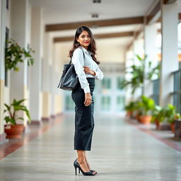 A fashionable Indian school girl confidently standing in a tight black longline pencil skirt that showcases her silhouette elegantly