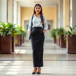 A fashionable Indian school girl confidently standing in a tight black longline pencil skirt that showcases her silhouette elegantly