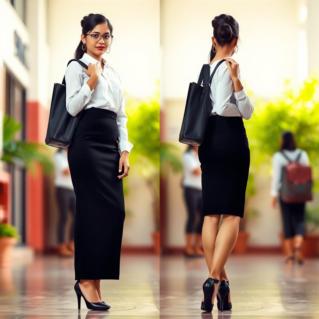 A fashionable Indian school girl confidently standing in a tight black longline pencil skirt that showcases her silhouette elegantly