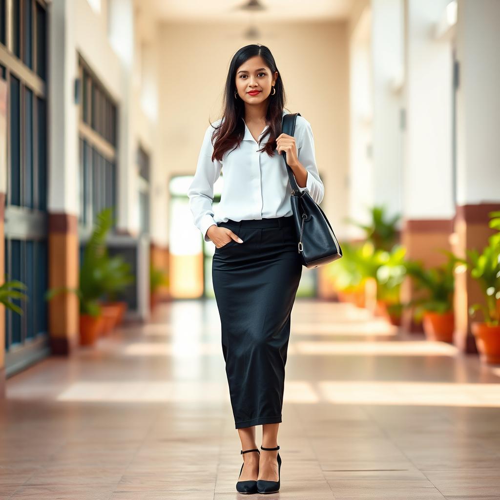 A fashionable Indian school girl confidently standing in a tight black longline pencil skirt that showcases her silhouette elegantly