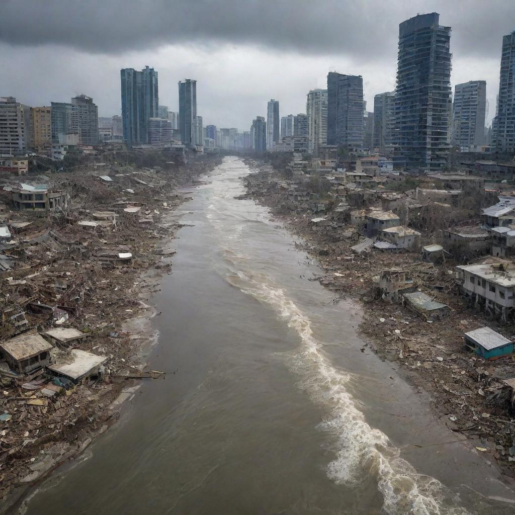 An apocalyptic aftermath of a tsunami-hit city, where the once proud skyscrapers now stand as skeletal remains amidst a sea of swirling water and ruined homes. The city is unrecognizable, a stark depiction of nature's unforgiving power.