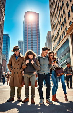 A vibrant scene featuring four student detectives in a bustling urban environment