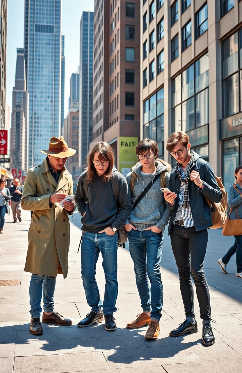 A vibrant scene featuring four student detectives in a bustling urban environment