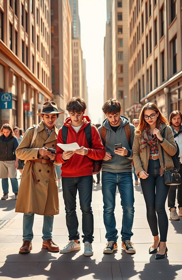 A vibrant scene featuring four student detectives in a bustling urban environment