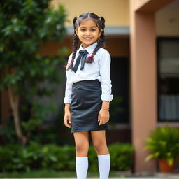 A cute Indian school girl posed in a full-body shot, showcasing her youthful style