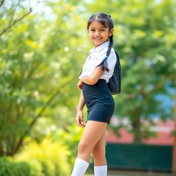 A cute Indian school girl posed in a full-body shot, showcasing her youthful style