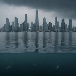 A somber scene of a once thriving city, now completely submerged beneath the deep, dark waters of the ocean. The city's tallest skyscrapers peek out from the water's surface, a chilling reminder of the city that once was.