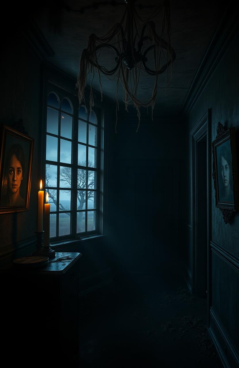 A chilling and atmospheric horror scene set in an abandoned mansion, with dark corridors and cobwebs hanging from the ceiling