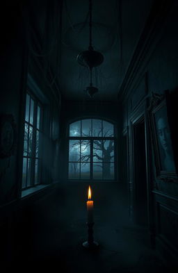 A chilling and atmospheric horror scene set in an abandoned mansion, with dark corridors and cobwebs hanging from the ceiling