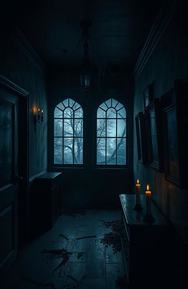 A chilling and atmospheric horror scene set in an abandoned mansion, with dark corridors and cobwebs hanging from the ceiling