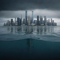 A somber scene of a once thriving city, now completely submerged beneath the deep, dark waters of the ocean. The city's tallest skyscrapers peek out from the water's surface, a chilling reminder of the city that once was.