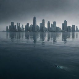 A somber scene of a once thriving city, now completely submerged beneath the deep, dark waters of the ocean. The city's tallest skyscrapers peek out from the water's surface, a chilling reminder of the city that once was.