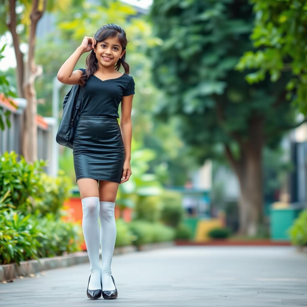 A cute Indian school girl posing in a full-body shot, wearing a fitted black latex tight skirt that emphasizes her youthful figure