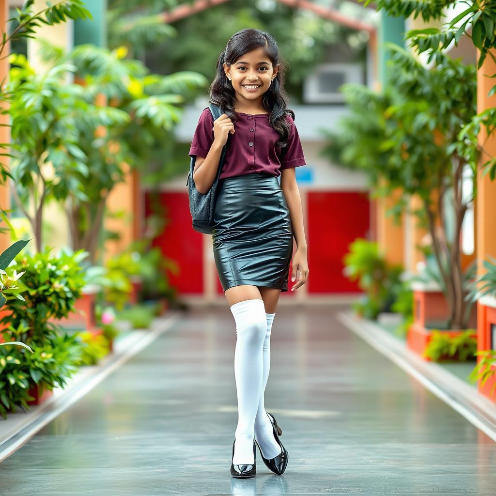 A cute Indian school girl posing in a full-body shot, wearing a fitted black latex tight skirt that emphasizes her youthful figure