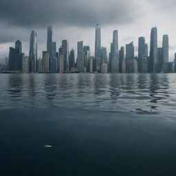 A somber scene of a once thriving city, now completely submerged beneath the deep, dark waters of the ocean. The city's tallest skyscrapers peek out from the water's surface, a chilling reminder of the city that once was.