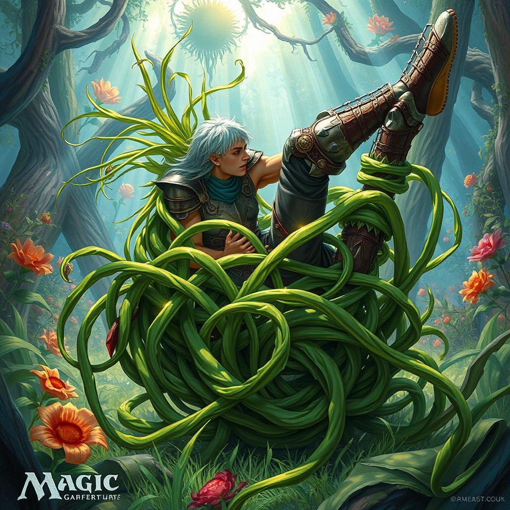 A vibrant illustration inspired by Magic: The Gathering, depicting Tangle Grass, long and twisting, wrapping tightly around a person's legs, effectively constricting and immobilizing him