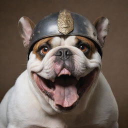 A frightening bulldog with ember eyes, snarling teeth, adorned with an imposing war helmet.