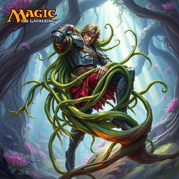 A vibrant illustration inspired by Magic: The Gathering, depicting Tangle Grass, long and twisting, wrapping tightly around a person's legs, effectively constricting and immobilizing him