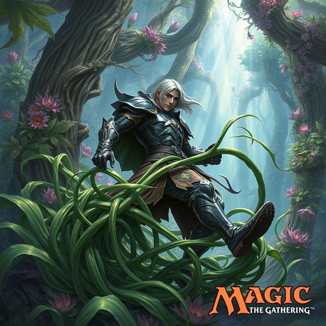 A vibrant illustration inspired by Magic: The Gathering, depicting Tangle Grass, long and twisting, wrapping tightly around a person's legs, effectively constricting and immobilizing him