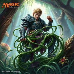 A vibrant illustration inspired by Magic: The Gathering, depicting Tangle Grass, long and twisting, wrapping tightly around a person's legs, effectively constricting and immobilizing him