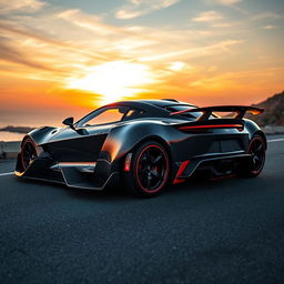 A high-performance carbon fiber sports car, beautifully designed with an aerodynamic body and intricate carbon fiber weave patterns visible on its surface