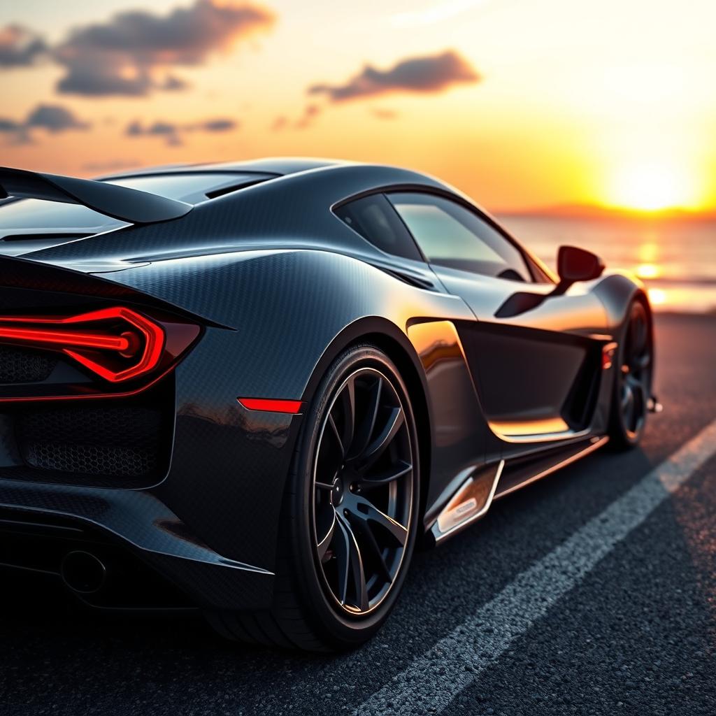 A high-performance carbon fiber sports car, beautifully designed with an aerodynamic body and intricate carbon fiber weave patterns visible on its surface