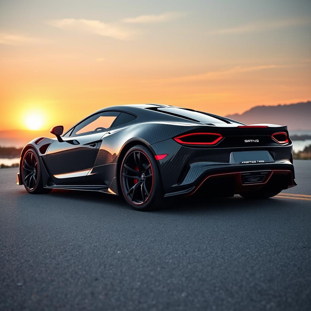 A high-performance carbon fiber sports car, beautifully designed with an aerodynamic body and intricate carbon fiber weave patterns visible on its surface