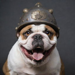 A frightening bulldog with ember eyes, snarling teeth, adorned with an imposing war helmet.