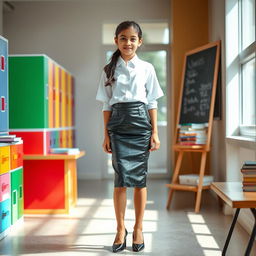 A cute Indian school girl, 16 years old, dressed in a stylish outfit featuring a high-waisted black latex tight skirt that accentuates her figure, combined with a crisp white school blouse tucked in neatly