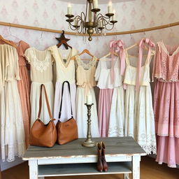 A vintage thrift shop display featuring an array of lace dresses, Victorian inspired tops, and coquette pastel colored lace skirts