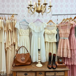 A vintage thrift shop display featuring an array of lace dresses, Victorian inspired tops, and coquette pastel colored lace skirts