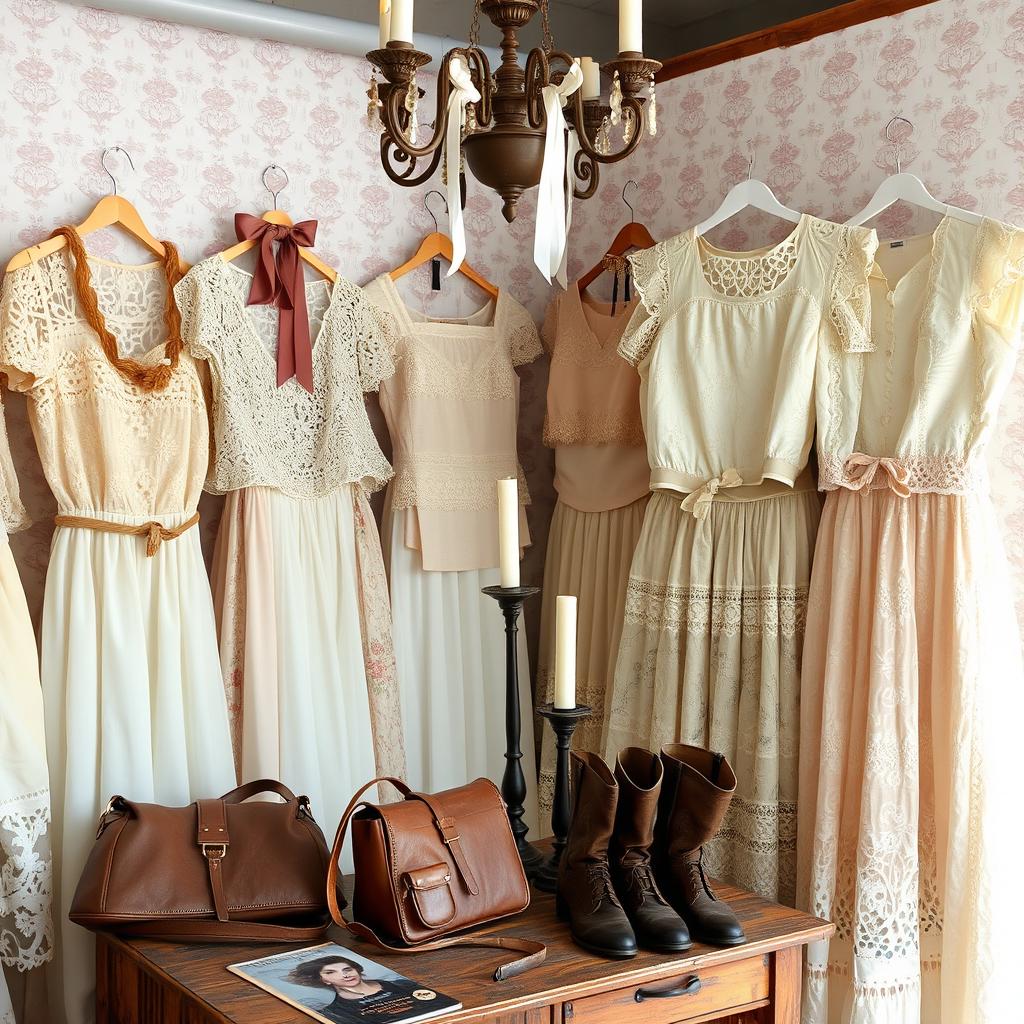 A vintage thrift shop display featuring an array of lace dresses, Victorian inspired tops, and coquette pastel colored lace skirts