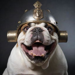 A frightening bulldog with ember eyes, snarling teeth, adorned with an imposing war helmet.