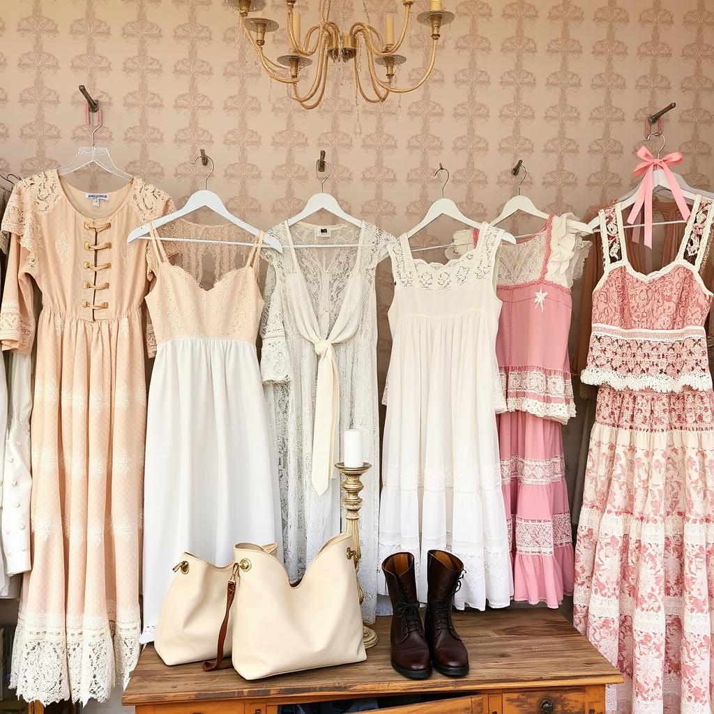 A vintage thrift shop display featuring an array of lace dresses, Victorian inspired tops, and coquette pastel colored lace skirts