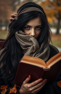 A mysterious woman with long, flowing black hair elegantly using a hair scarf styled as a hair teilly, partially hiding her face behind an open book