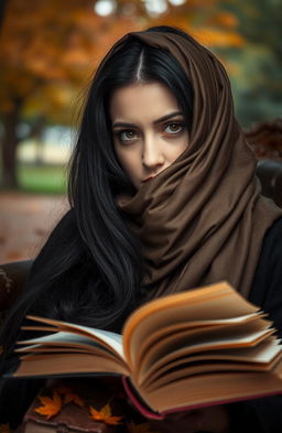 A mysterious woman with long, flowing black hair elegantly using a hair scarf styled as a hair teilly, partially hiding her face behind an open book