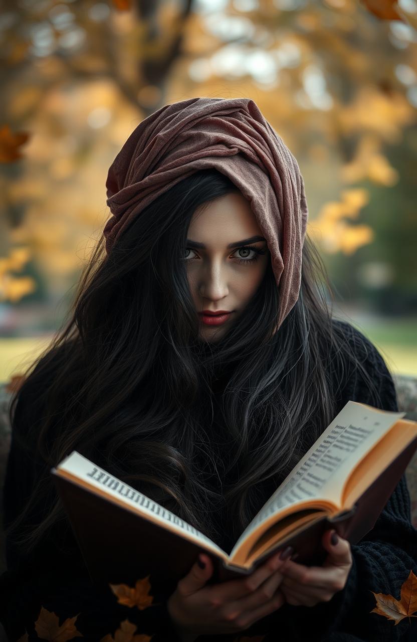 A mysterious woman with long, flowing black hair elegantly using a hair scarf styled as a hair teilly, partially hiding her face behind an open book