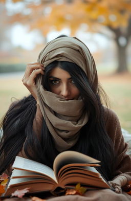 A mysterious woman with long, flowing black hair elegantly using a hair scarf styled as a hair teilly, partially hiding her face behind an open book