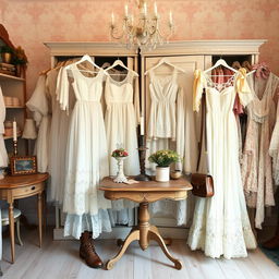 A beautifully arranged vintage thrift shop aesthetic featuring numerous lace dresses and Victorian-style vintage tops