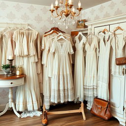 A beautifully arranged vintage thrift shop aesthetic featuring numerous lace dresses and Victorian-style vintage tops