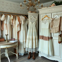 A beautifully arranged vintage thrift shop aesthetic featuring numerous lace dresses and Victorian-style vintage tops